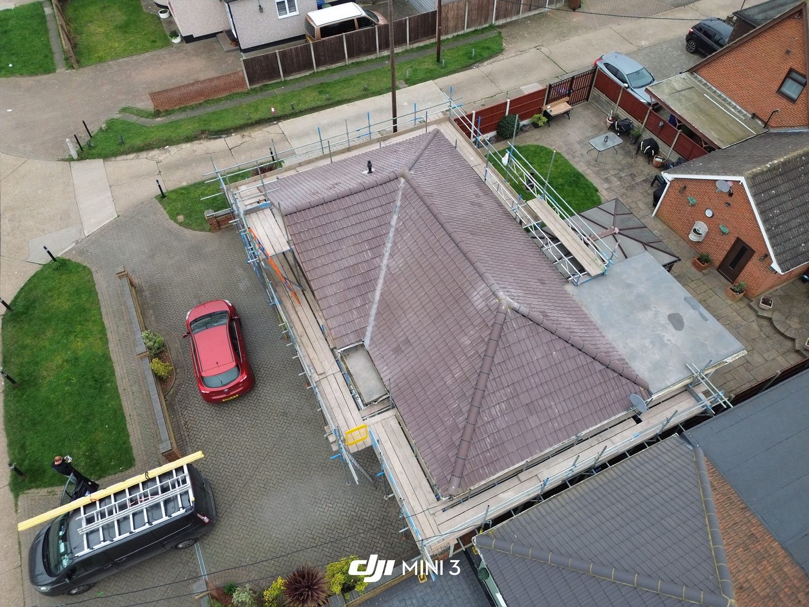 Aerial view of a freshly tiled roof with neat ridge and hips